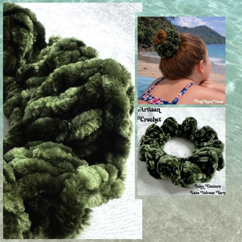 Handmade Crochet VELVET Hunter Green Large Hair Scrunchie PinkRainCloud